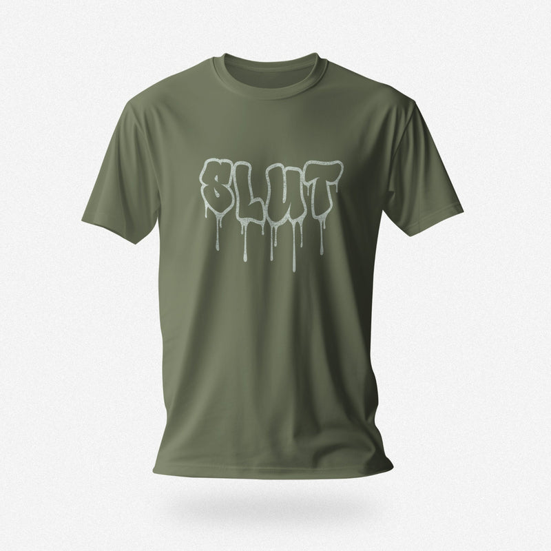 PRODUCT IMAGE: Cum Slut | Raunchy Tees for Horny Gay Men Who Love Cum | Military Green shirt
