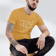 PRODUCT IMAGE: Cum Slut | Raunchy Tees for Horny Gay Men Who Love Cum | Model wears Mustard shirt