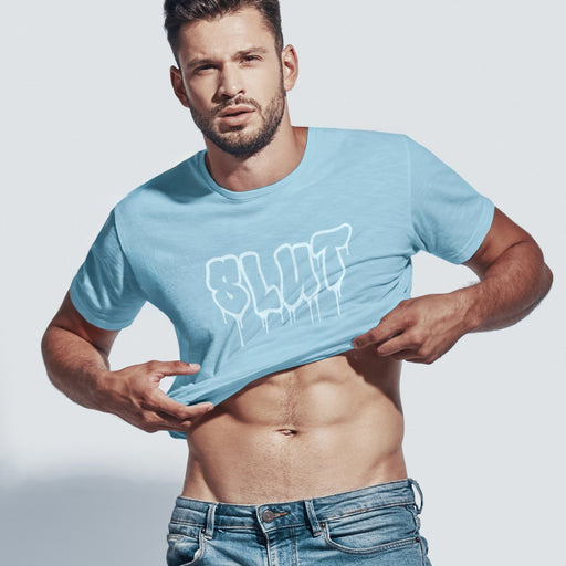 PRODUCT IMAGE: Cum Slut | Raunchy Tees for Horny Gay Men Who Love Cum | Model wears Ocean shirt