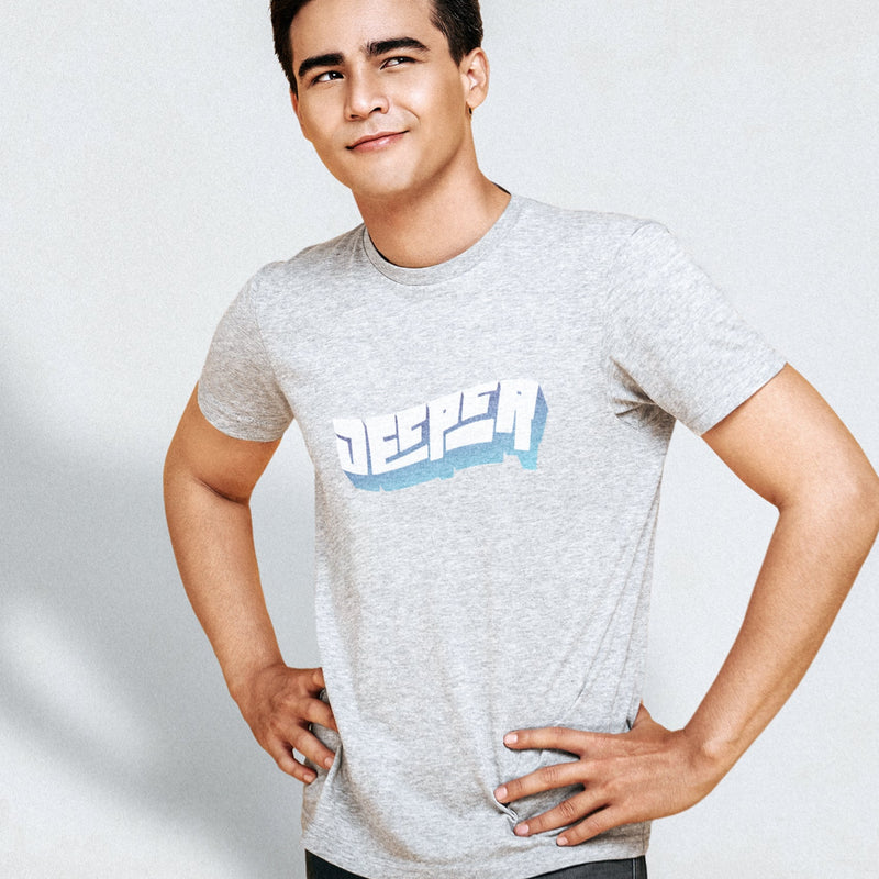 Deeper T-shirt | Raunchy Tees for Horny Gay Guys Who Like to Bang | Model wears Light Gray shirt with a typographic design