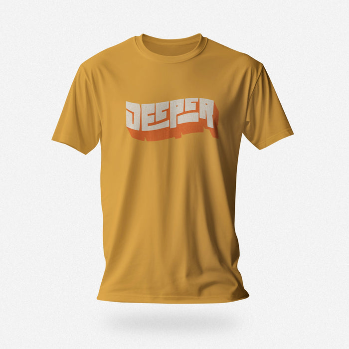 Deeper T-shirt | Raunchy Tees for Horny Gay Guys Who Like to Bang | Mustard shirt with a typographic design