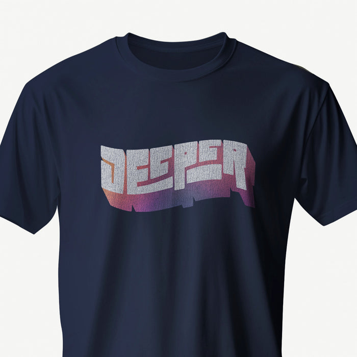 Deeper T-shirt | Raunchy Tees for Horny Gay Guys Who Like to Bang | Model wears Navy Blue shirt with a typographic design