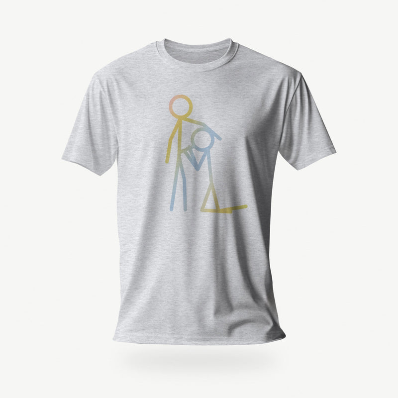 PRODUCT IMAGE: The Light Gray Heather 'Dipstick' T-shirt  | A gradient-colored stickman blowjob graphic is printed on front | Funny, NFSW Shirt for Horny Gay Men | Model wears Dark Gray Heather tee shirt