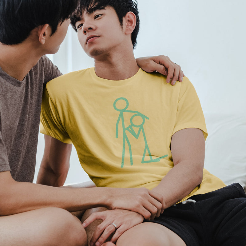 PRODUCT IMAGE: Dipstick | Stickman Blowjob | Funny, NFSW Shirt for Horny Gay Men | Model wears Yellow shirt