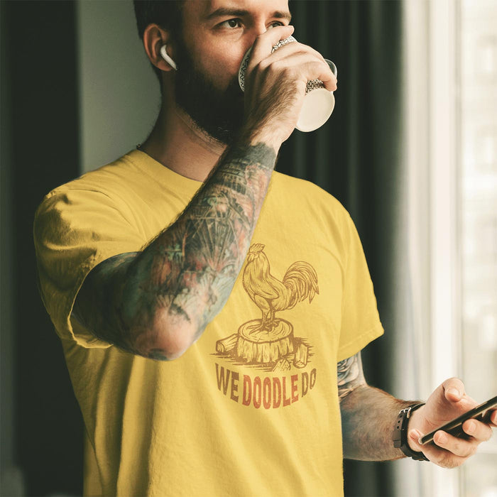 PRODUCT IMAGE: Cock We Doodle Do | Funny, Homo Erotic T-shirt, SFW for Horny Gay Men | Model wears Yellow shirt