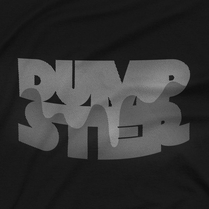 PRODUCT IMAGE: Dumpster T-shirt | Raunchy Tees for Horny Gay Guys Who Take Loads | A close-up of the  typographic design featuring white dripping liquid referring to a man's cum, on black fabric