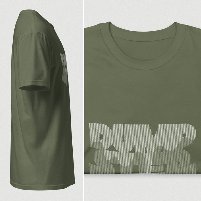 PRODUCT IMAGE: Dumpster T-shirt | Raunchy Tees for Horny Gay Guys Who Take Loads | A diptych of the Military Green shirt with a typographic design featuring white dripping liquid referring to a man's cum