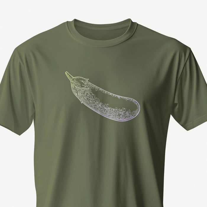 PRODUCT IMAGE: Certified Organic T-shirt | Raunchy Penis T-shirts for Horny Gay Men | Military Green shirt with a woodcut-style rendering of the eggplant emoji