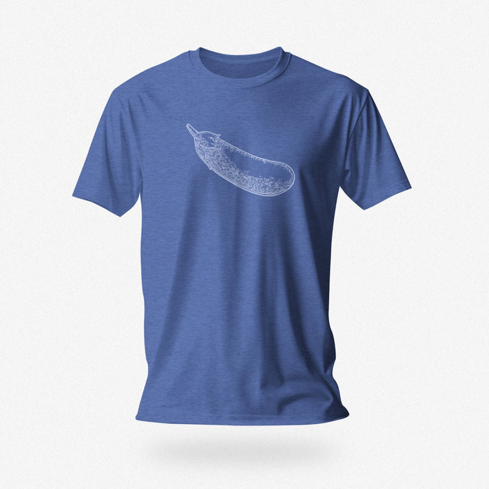 PRODUCT IMAGE: Certified Organic T-shirt | Raunchy Penis T-shirts for Horny Gay Men | Royal Heather shirt with a woodcut-style rendering of the eggplant emoji