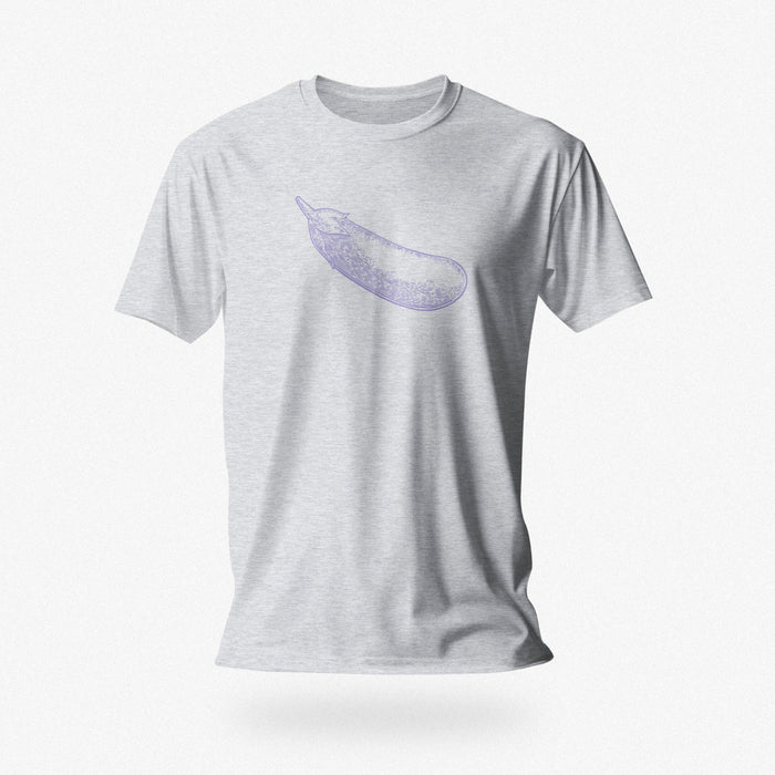 PRODUCT IMAGE: Certified Organic T-shirt | Raunchy Penis T-shirts for Horny Gay Men | Light Gray Heather shirt with a woodcut-style rendering of the eggplant emoji