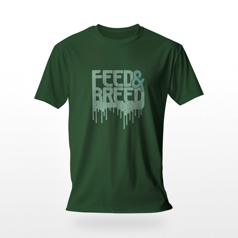 PRODUCT IMAGE: Feed & Breed T-shirt | Raunchy Tees for Horny Gay Guys | Forest green shirt with typographic design