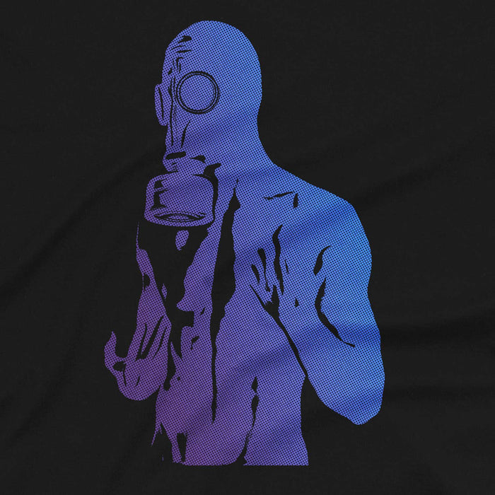 PRODUCT IMAGE: Gas Mask | Fetish T-shirt for Gay Guys into BDSM Kink | Close-up detail of electro blue, halftone graphic