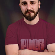 PRODUCT IMAGE: Fuck | Offensive NSFW T-shirt for Horny Gay Guys | Typographic Design | Model w/ Maroon shirt with typographic image