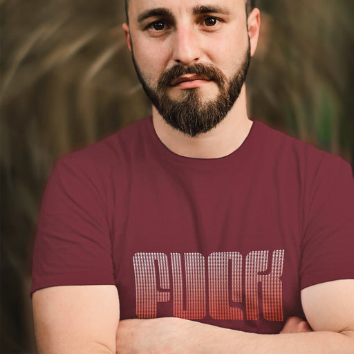 Model wears "FUCK" T-shirt, typographic design on a Maroon tee | For Gay Doms, Queer Subs, Cum Dumps — for All Guys into Anal + Butt Sex | Tops and Power Bottoms