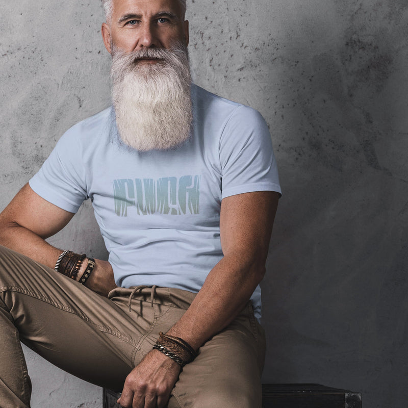 PRODUCT IMAGE: Fuck | Offensive NSFW T-shirt for Horny Gay Guys | Typographic Design | Model w/ Light Blue shirt