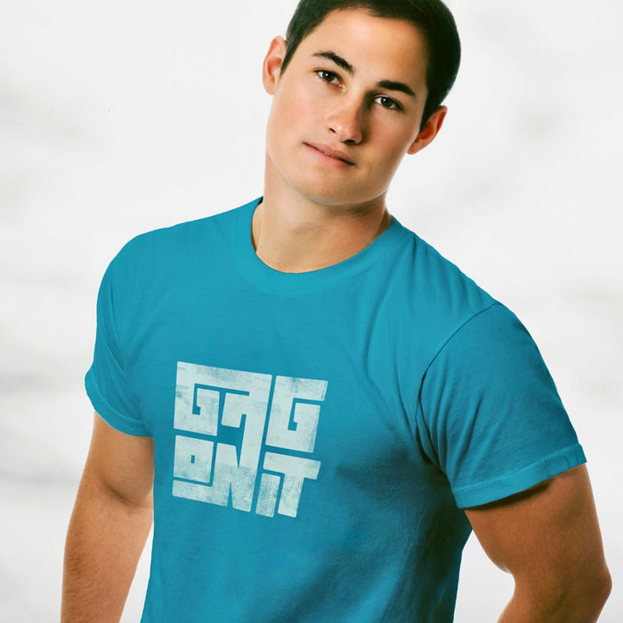 PRODUCT IMAGE: Gag On it! | Raunchy T-shirt for Horny Gay Oral Top Guys | Model wears Aqua shirt w/ typographic design