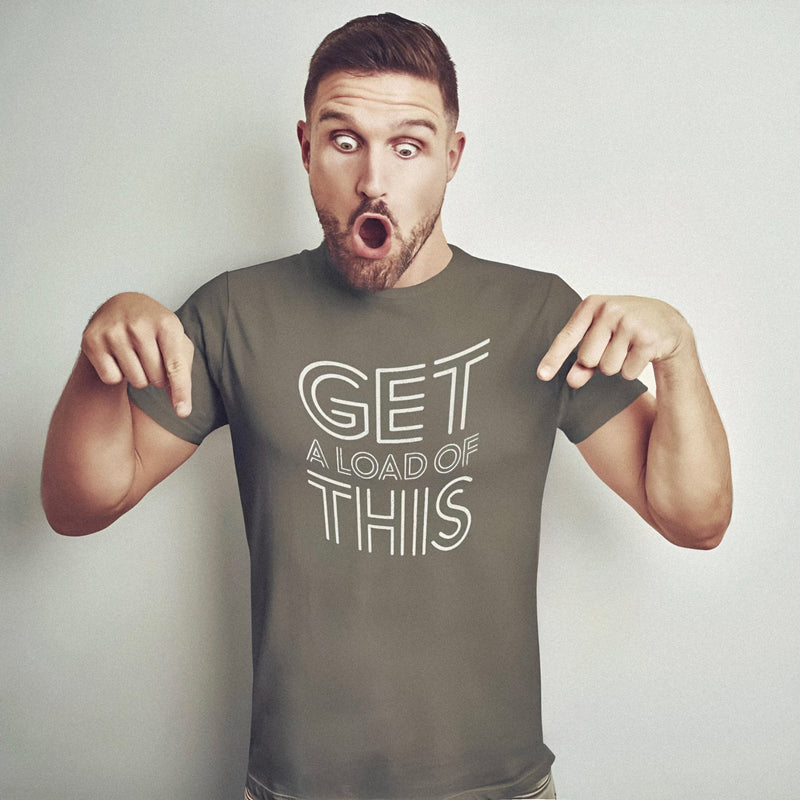 PRODUCT IMAGE: Model wears army tee typographic design on Black shirt, "Get a Load of This" | Raunchy Tee | Horny Gay Top Guys Ready to Unload