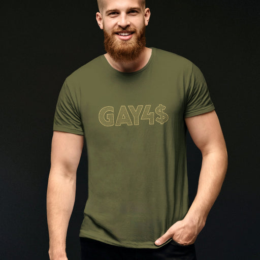 Model wears military green GAY4$ shirt with bold, bling-inspired typography — a cheeky, provocative tee for queer men and hustlers alike.
