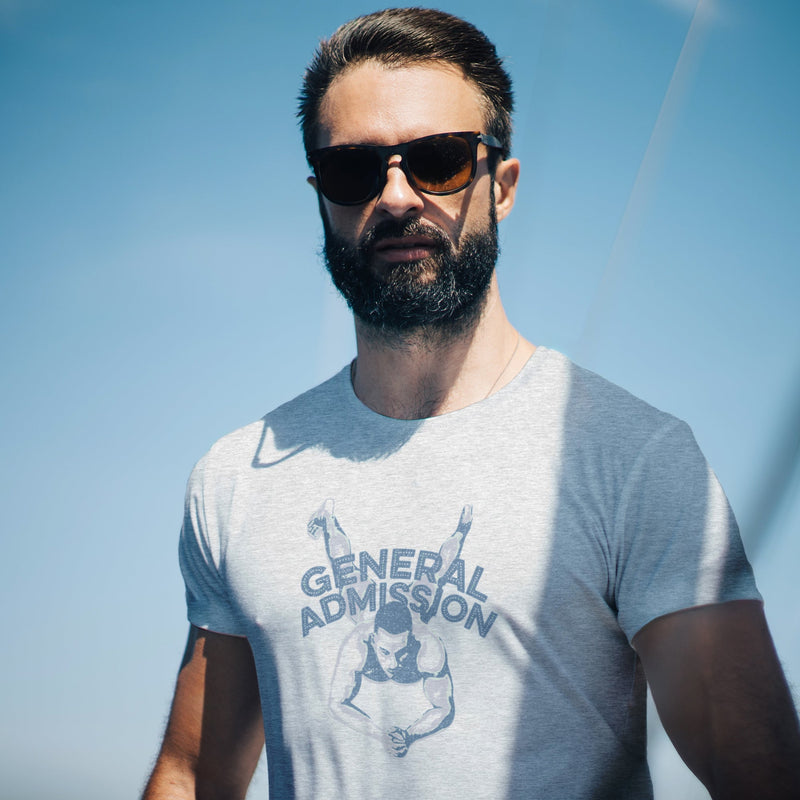 PRODUCT IMAGE: General Admission | NSFW Homo Erotic T-shirt for Horny Gay Bottom Guys | Model w/ Light Gray Heather shirt
