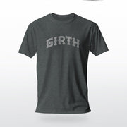 PRODUCT IMAGE: Girth | Homo Erotic T-shirts Celebrating Thickness: Cocks & Gay Bears | Dark Gray Heather shirt with a neo-gothic lettering filled with a light-gray colored cross-hatch pattern, that forms the typographic design