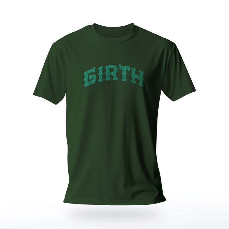 PRODUCT IMAGE: Girth | Homo Erotic T-shirts Celebrating Thickness: Cocks & Gay Bears | Forest Green shirt with a neo-gothic lettering filled with a light aqua colored cross-hatch pattern, that forms the typographic design
