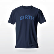 PRODUCT IMAGE: Girth | Homo Erotic T-shirts Celebrating Thickness: Cocks & Gay Bears | Navy shirt with a neo-gothic lettering filled with a cross-hatch pattern that forms the typographic design