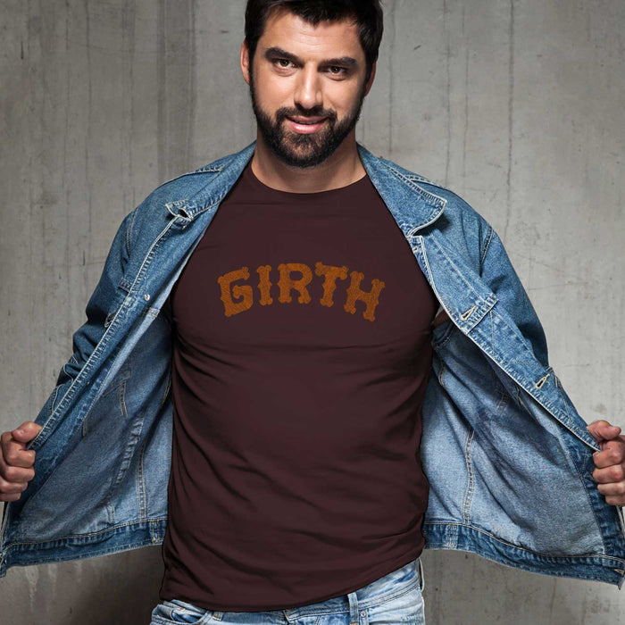 PRODUCT IMAGE: Girth | Homo Erotic T-shirts Celebrating Thickness: Cocks & Gay Bears | Model wears Oxblood shirt with Typographic design