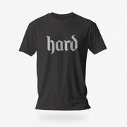 PRODUCT IMAGE: Hard T-Shirt | Raunchy Graphic Tee for Horny Gay Men into big boners, hard cocks, and erections | Dark Gray shirt with a design created with blackletter / gothic typography