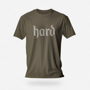 PRODUCT IMAGE: Hard T-Shirt | Raunchy Graphic Tee for Horny Gay Men into big boners, hard cocks, and erections | Army shirt with a design created with blackletter / gothic typography