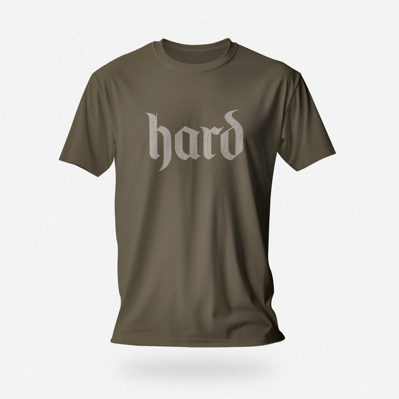 PRODUCT IMAGE: Hard T-Shirt | Raunchy Graphic Tee for Horny Gay Men into big boners, hard cocks, and erections | Army shirt with a design created with blackletter / gothic typography