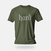 PRODUCT IMAGE: Hard T-Shirt | Raunchy Graphic Tee for Horny Gay Men into big boners, hard cocks, and erections | Military Green shirt with a design created with blackletter / gothic typography
