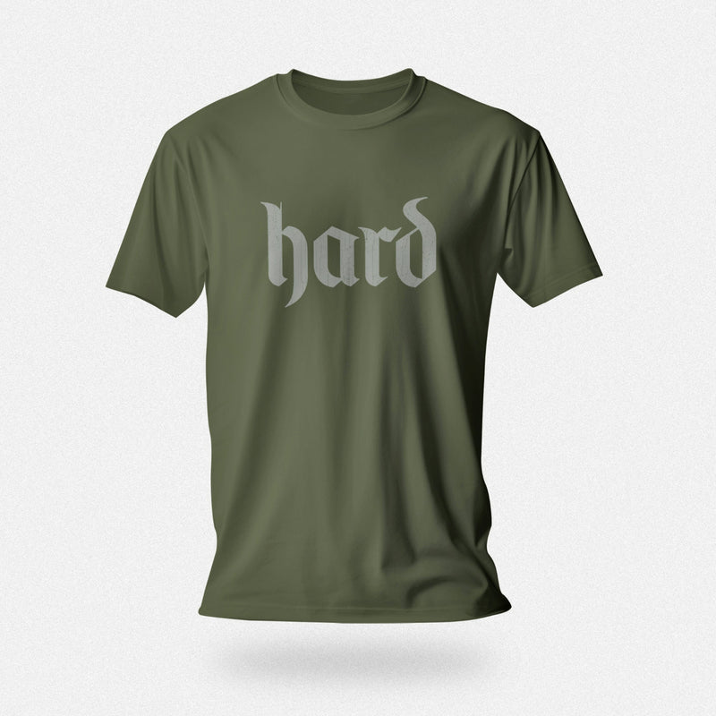 PRODUCT IMAGE: Hard T-Shirt | Raunchy Graphic Tee for Horny Gay Men into big boners, hard cocks, and erections | Military Green shirt with a design created with blackletter / gothic typography