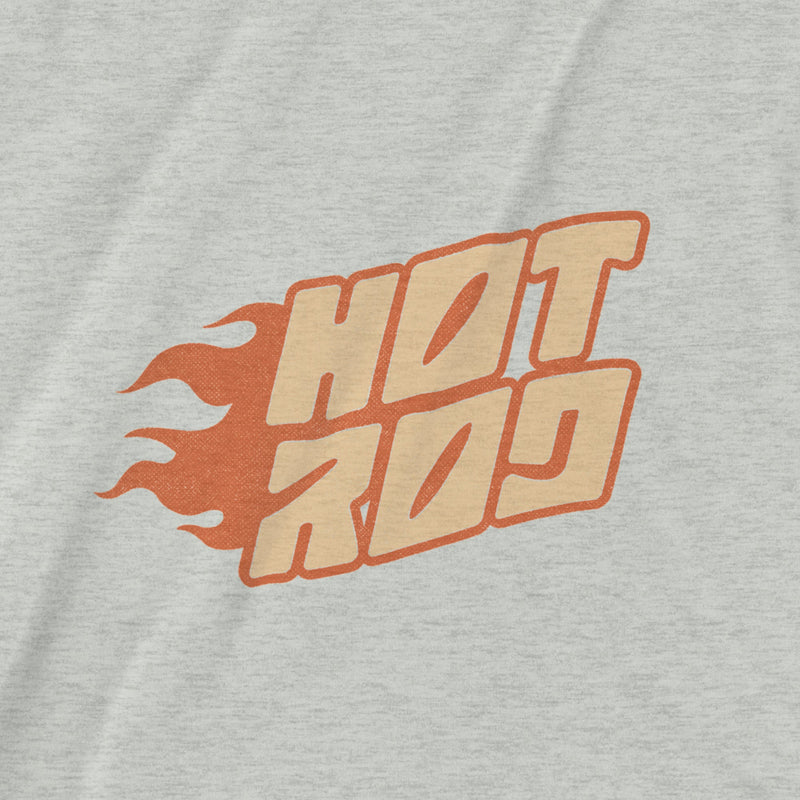 PRODUCT IMAGE: Close-up detail of light gray heather t-shirt featuring vintage flame graphics with classic hot rod styling to a typographic design