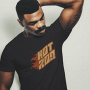 PRODUCT IMAGE: Model wears Black t-shirt featuring vintage flame graphics with classic hot rod styling to a typographic design