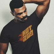 PRODUCT IMAGE: Model wears Black t-shirt featuring vintage flame graphics with classic hot rod styling to a typographic design