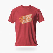 PRODUCT IMAGE: Red heather t-shirt featuring vintage flame graphics with classic hot rod styling to a typographic design
