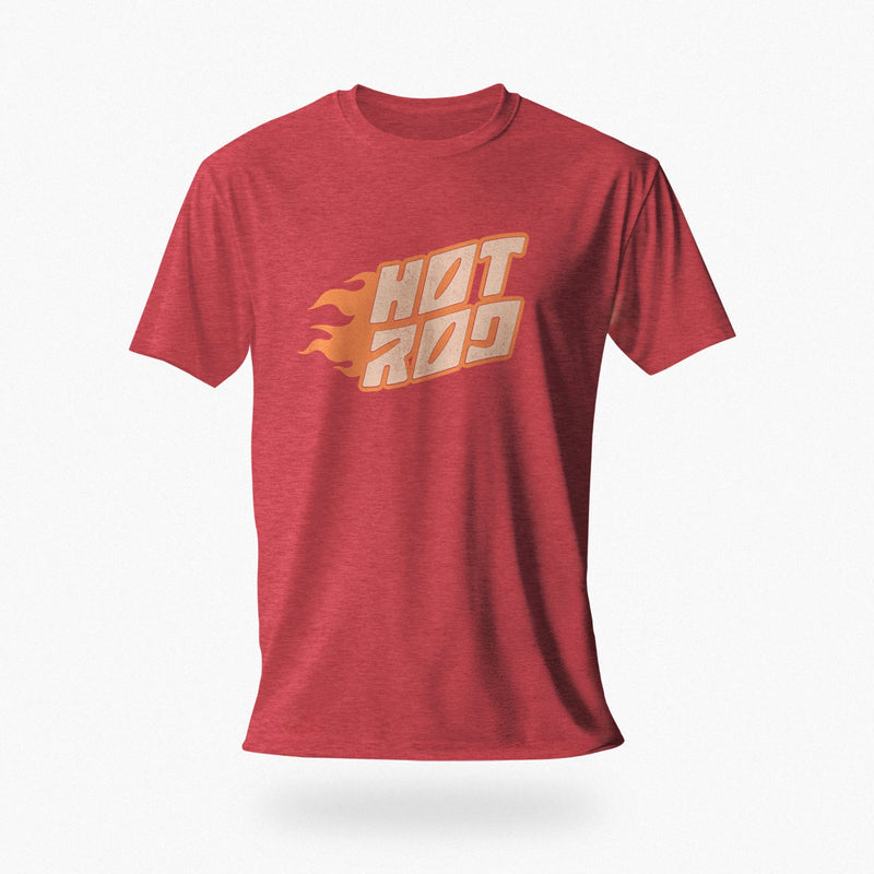 PRODUCT IMAGE: Red heather t-shirt featuring vintage flame graphics with classic hot rod styling to a typographic design