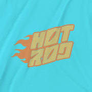 PRODUCT IMAGE: Close-up detail of turquoise t-shirt featuring vintage flame graphics with classic hot rod styling to a typographic design