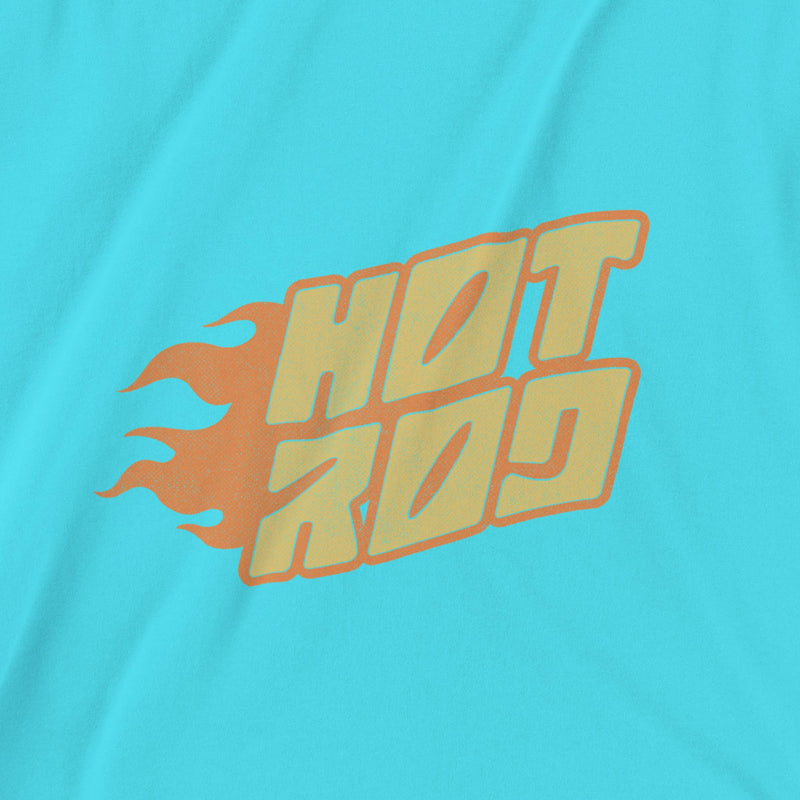 PRODUCT IMAGE: Close-up detail of turquoise t-shirt featuring vintage flame graphics with classic hot rod styling to a typographic design