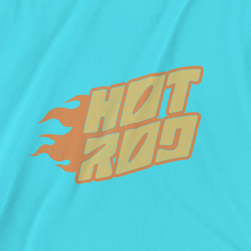 PRODUCT IMAGE: Close-up detail of turquoise t-shirt featuring vintage flame graphics with classic hot rod styling to a typographic design
