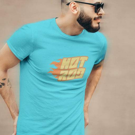 PRODUCT IMAGE: Model wears turquoise t-shirt featuring vintage flame graphics with classic hot rod styling to a typographic design