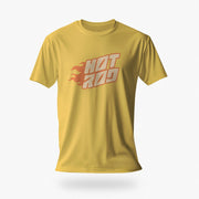 PRODUCT IMAGE: Yellow t-shirt featuring vintage flame graphics with classic hot rod styling to a typographic design