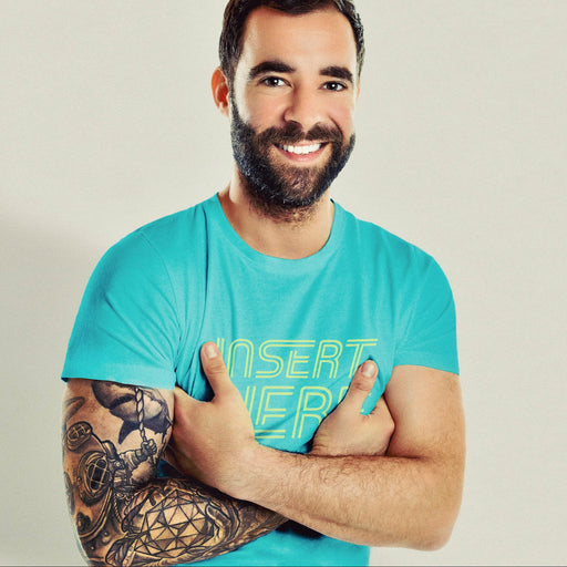 PRODUCT IMAGE: Model wears "Insert Here" T-shirt | Raunchy Tee for Horny Gay Bottom Guys | Typographic design 