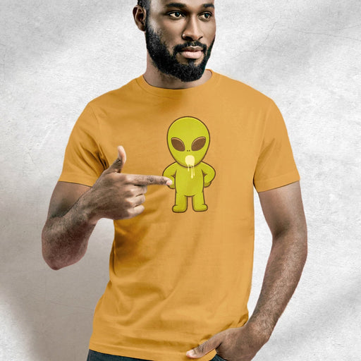 Product image: Invasion of the Load Chasers T-shirt | Alien Cum Dump Shirt for Hungry, Thirsty, Horny Gay Guys | Mustard