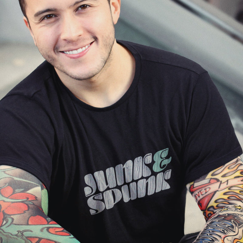 PRODUCT IMAGE: Junk & Spunk T-shirt | Raunchy Tees for Horny Gay Guys | Model wears Black (2) shirt