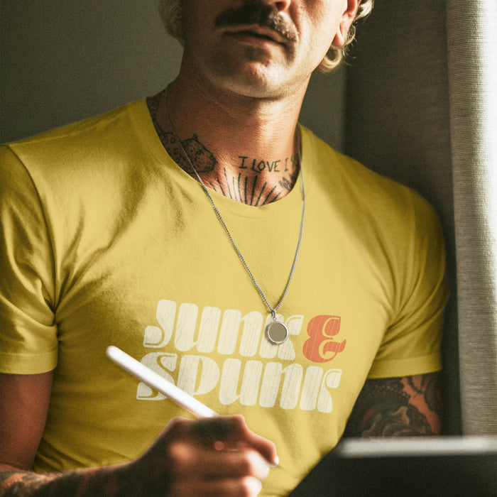 PRODUCT IMAGE: Junk & Spunk T-shirt | Raunchy Tees for Horny Gay Guys | Model wears Yellow shirt