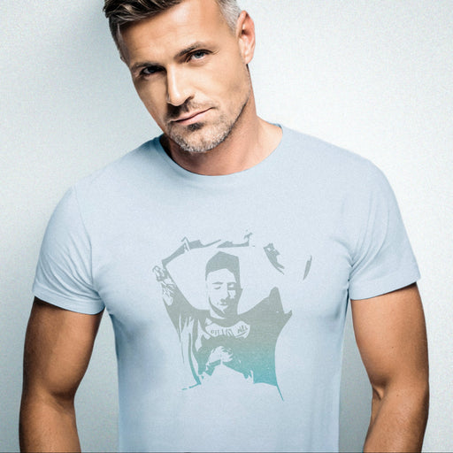 PRODUCT IMAGE: Kick Back Blowjob | NSFW Homo Erotic T-shirt | Model w/ Light Blue Shirt
