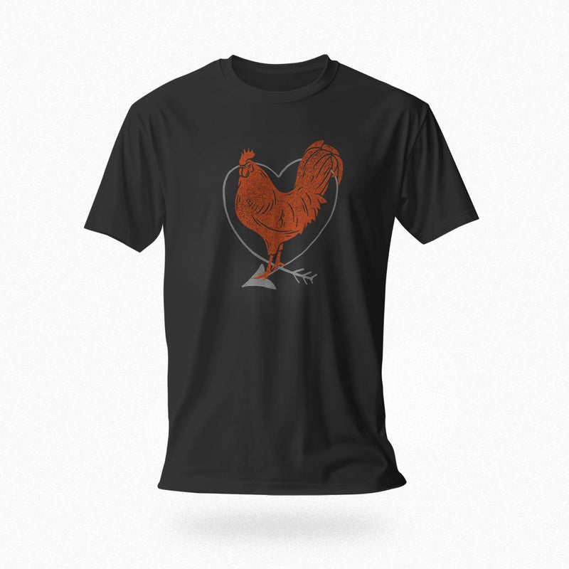 PRODUCT IMAGE: I Love Cock | SFW Raunchy T-shirt for Horny Gay Guys who Love Cock | Black shirt with rooster and heart graphic 