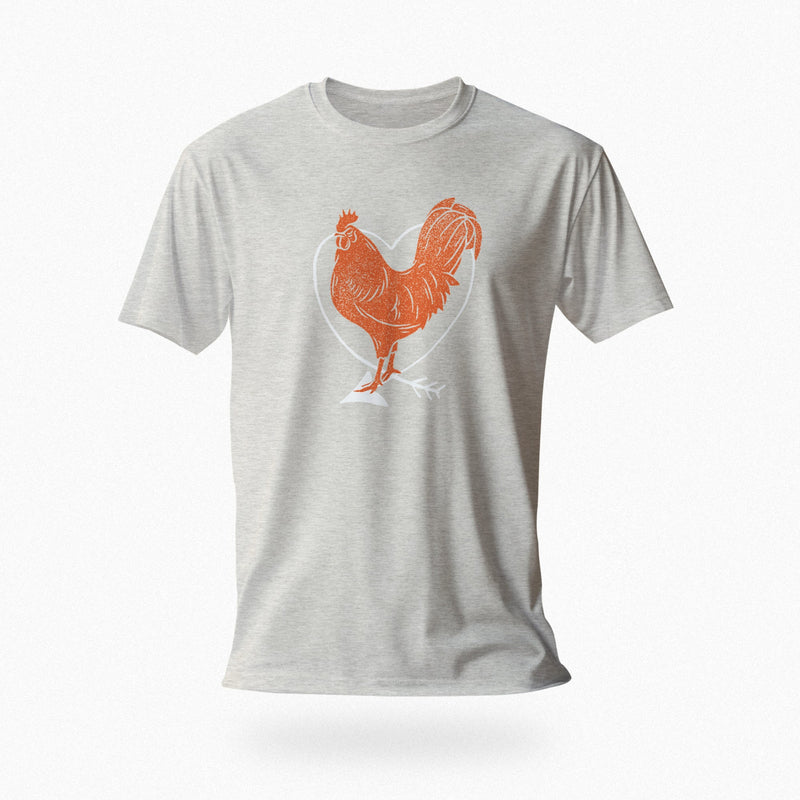 PRODUCT IMAGE: I Love Cock | SFW Raunchy T-shirt for Horny Gay Guys who Love Cock | Light Gray Heather shirt with rooster and heart graphic 