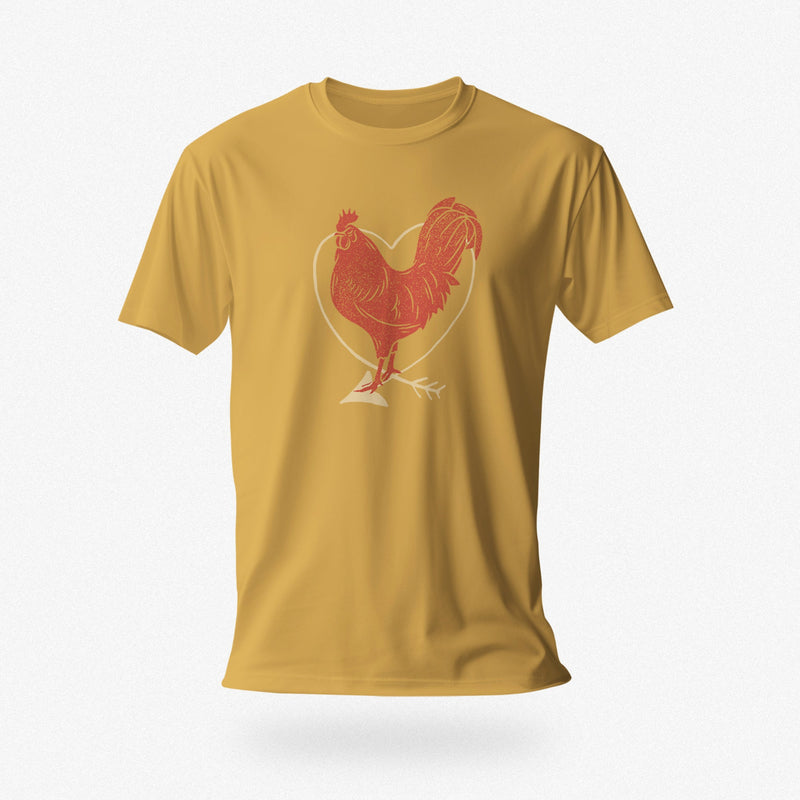 PRODUCT IMAGE: I Love Cock | SFW Raunchy T-shirt for Horny Gay Guys who Love Cock | Mustard shirt with rooster and heart graphic 